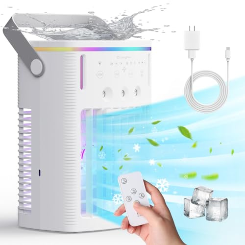 Climatiseur portable, petit ventilateur AC à 3 vitesses, refroidisseur d'air portable avec télécommande, fonction minuterie, veilleuse 7 couleurs, 3 modes de brume pour chambre, bureau, chambre