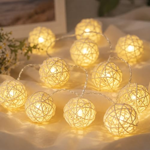 ZingBox Lichterkette Rattankugeln, 3 M 20 LED Warmweiß, Batteriebetrieben | Kugel Lichterketten, Rattan Deko für Drinnen und Draußen, Schlafzimmer, Partys, Hochzeiten, Gartendekoration
