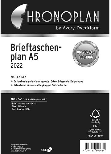 Chronoplan 50262 Kalendereinlage 2022, Brieftaschenplan im A5 Format (156x210mm), Ersatzkalendarium, Universallochung zum Einhängen in A5-Ringmechanik (15 Monate, 1 Monat auf 2 Seiten), weiß