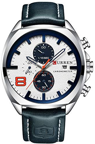 Herren-Chronograph, Lederarmband, klassisch, lässig, silberfarben, Edelstahl, wasserdicht, Datum, analog, Quarzuhr (Silber/Weiß), Silberfarben/Weiß, Klassisch, leger