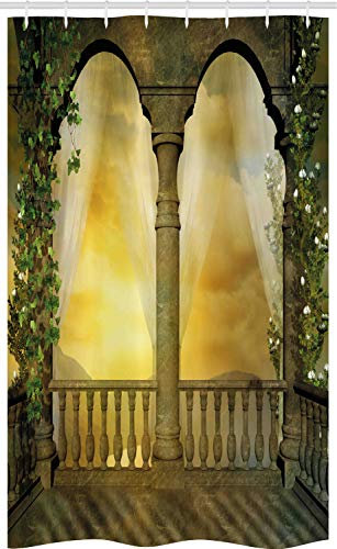 ABAKUHAUS Fantasie Schmaler Duschvorhang, Mystic Fairytale Art, Badezimmer Deko Set aus Stoff mit Haken, 120 x 180 cm, Sepia Senf