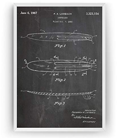 Surfboard 1965 Patent Poster - Surfer Beach House Giclee Print Art Kunst Wall Dekor Decor Entwurf Wandkunst Blueprint Geschenk Gift - Frame Not Included