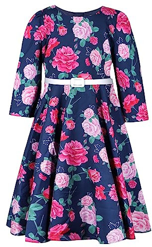 BONNY BILLY Vestito Bambina Elegante Cerimonia Festa Floreale Vintage Invernale Manica Lunga con Cintura 8-9 Anni Blu Navy e Rosa