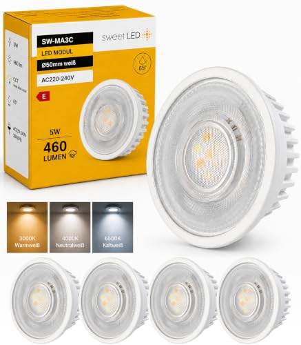 Sweet Led 4er Set LED Modul flach CCT 5W 460lm Ø50x23mm GU10 Ersatz 230V | 3 Lichtfarben 3000K 4000K 6500K, flaches LED Leuchtmittel für Einbaustrahler, Einbauspots und Aufbauspots, nicht dimmbar