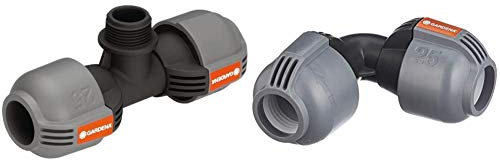 Dérivation en T Mâle Gardena : Raccord pour Arroseurs Escamotables, 25 mm X 3/4 & Jonction en L 25 mm de Gardena : Raccord de Tuyau pour Changement de Direction du Tuyau de Pose, 25 mm
