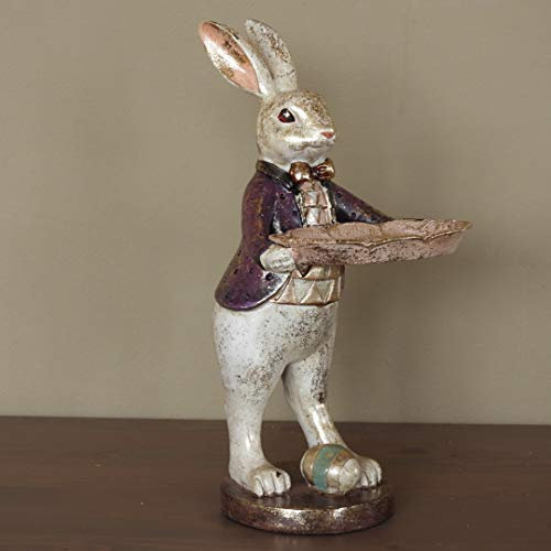 Hase Dekofigur Skulptur Schlüsselablage Pralinenhalter Kaninchen auf Standfuß mit Dekoschale Polyresin Shabby 30cm
