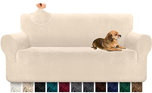 Granbest Super weiche Samt Sofabezug 3 Sitzer 1 Stück stilvolle Luxus Plüsch Sofabezug mit Schaumstoffstäben Spandex verdickt Möbelschutz Couchbezug (3 Sitzer, Beige)
