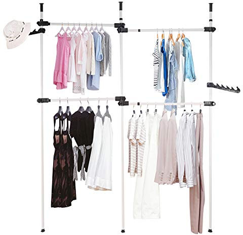 Ejoyous Teleskop-Garderobensystem, Kleiderständer für Garderobe Offener Kleiderschrank mit 4 Kleiderstangen, Verstellbares Garderoben-System, Stahlrohre B (153.5-272cm) x H (281-329cm) Weiß