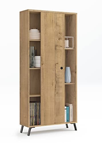 MUEBLES PITARCH | Librería de Salón, Oficina o Despacho, 1 Puerta corredera y 5 Estantes, Patas Negras, Roble Gold, 180x80x33cm (Alto x Ancho x Fondo), Elegante y Resistente, Modelo Kamet