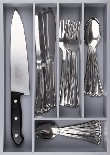 Pristine Bamboo Silverware Organizer - Kitchen Drawer Organizer and Utensil Organizer - Cutlery Tray – Flatware, Utensil and Silverware Holder - Silverware Tray for Drawer (5-Slots, Gray)