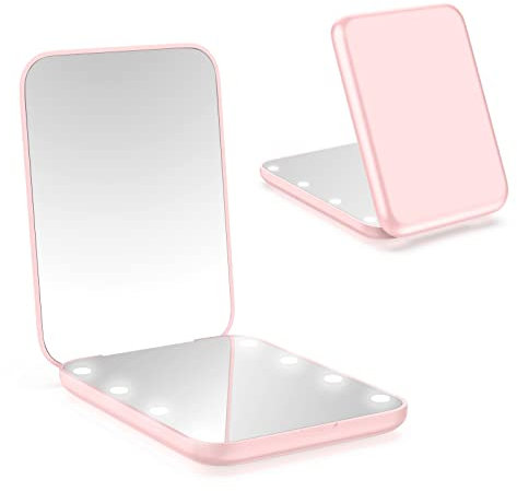 WOBSION LED Spiegel mit 1X / 3X Vergrößerung,Kleiner Reisespiegel mit Licht für Beleuchtung,Batteriebetrieben Taschenspiegel für Reise und Makeup,Tragbarer Handspiegel als Geschenk,Rosa