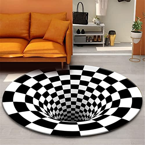 GOODLUKY 3D Teppich Rund rutschfest Fußmatte 3D Teppich Optische Täuschung Loch Teppich Schwarz-Weiß Karierter Vortex Illusions Teppich Für Wohn-Esszimmer Schlafzimmer Küche Indoor Outdoor,2,60cm