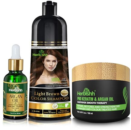 Herbishh After Color Shampoo Combo enthält Haarfarbe Shampoo Haarfarbe 500 ml Arganöl 30 ml Pro Keratin und Argan Haarmaske 100 g für Haarglättung, Glanz und Schutz (Light Brown)