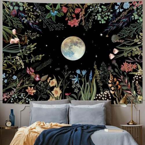 Amhokhui Mond-Wandteppich, Mond, Wandteppich, Blume, bunte Pflanzen, Wandteppich, schwarzer Wandbehang, Dekoration für Zimmer