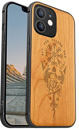 Carveit Coque magnétique pour iPhone 12 Mini [Élégant Cerise] [Pare-Chocs en TPU Souple] Coque de téléphone Antichoc Compatible avec 12mini Magsafe Coque Bois (Viking Compas)