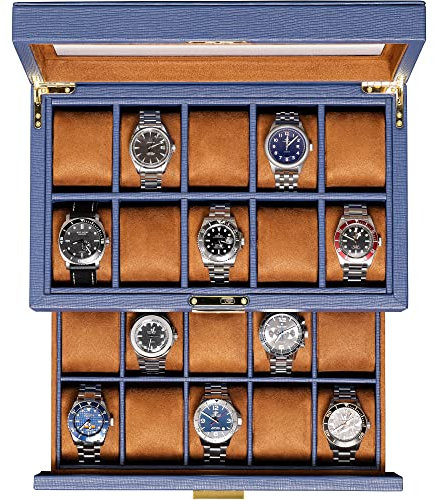 ROTHWELL Uhrenbox aus Leder mit 20 Fächern, luxuriöses Uhrengehäuse, Schmuck-Organizer, verschließbarer Uhren-Vitrinen-Halter mit großer Echtglas-Oberseite, Uhrenbox, Organizer für Damen und Herren