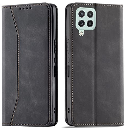 OKZone Kompatibel mit Samsung Galaxy A22 4G Hülle, Magnet Leder Tasche Handyhülle, Kartenfächer Schutzhülle, [Premium PU Leder] Flip Klappbare Stoßfeste Magnetische Standfunktion (Schwarz)
