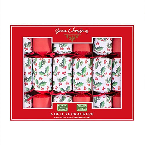 Harvey & Mason 6 Christmas Crackers Eco-Friendly Deluxe Luxury Red And White Holly Xmas Party Celebration