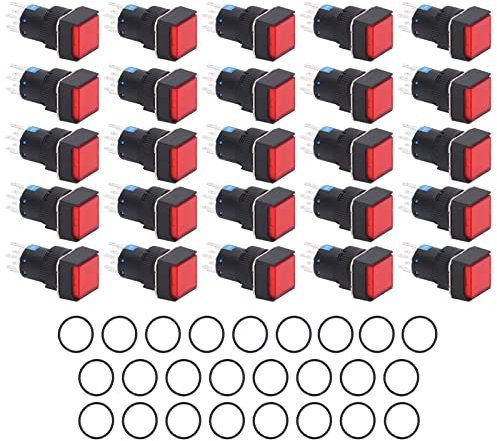EVTSCAN 25 pièces carrés interrupteur à bouton-poussoir 8 broches interrupteurs autobloquants avec lumière pour boîte de Distribution 16mm 220V(rouge)