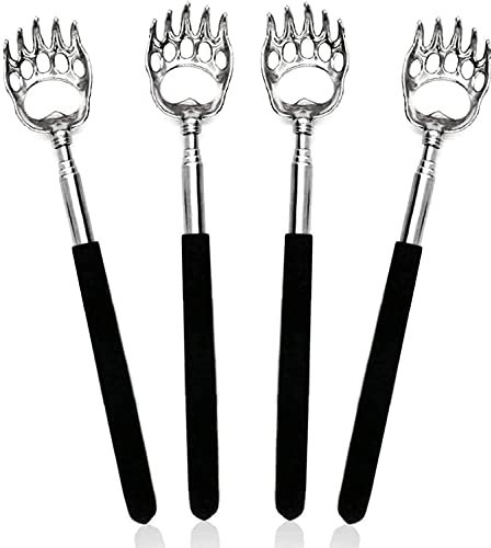 Gratte-dos Acier Inoxydable, elloLife【4 pièce】Gratte de Haute Qualité avec Grip en Caoutchouc Doux, Tige Extensible, Gratte-dos Métallique et Télescopiques pour Soulager la Tête et le Dos(Noir)
