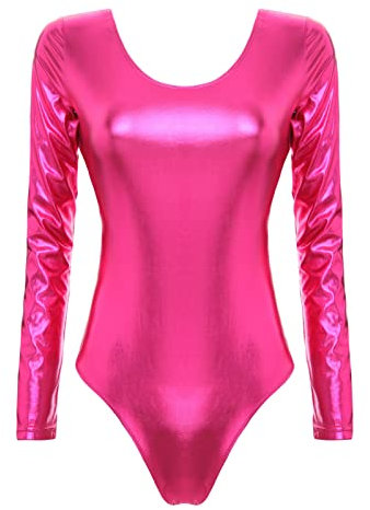 iEFiEL Damen Metallic Body Lackleder Bodysuit Catsuit Wetlook Jumpsuit Langarm/Kurzarm Turnanzug Ballettbody Trikotanzug Tanzkostüm Rosa XL