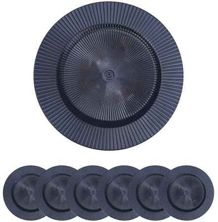 RYR 13 Inch Black Charger Plates Plastic Plate Chargers for Table Setting Round Ray Pattern Chargers for Dinner Plates Supplies for All Holidays and Parties Set of 6