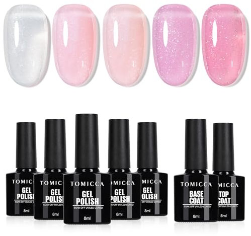 TOMICCA Shimmer Gel Nail Polish Set 7 PCS Nude Pink Milky White Shimmer Jelly Gel Polish Starter Kit with No Wipe Top and Base Coat Soak Off UV DIY Home Manicure Kit Gift for Women Girls