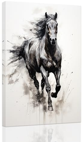 ZXHYWYM Pferd Leinwandbild schwarzes Pferd Kunstdruck großes Western Tiergemälde laufendes Pferd Kunstwerk rustikales Bauernhaus Büro Wanddekoration mit Rahmen (E (30.00 x 45.00 cms))