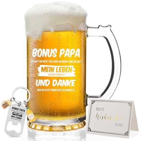 Joymaking Bierglas Papa Geschenk - Bonus Papa, Stiefvater, Vatertag, Von Baby - Bierkrug Bester Papa Vatertag Geburtstag Weihnachten 0,5L