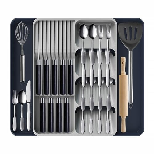 zhongko Besteckkasten für Schubladen, Erweiterbarer Besteckeinsatz für Küchenschubladen, Kunststoff Besteckkasten Küche mit Integriertem Messerhalter für Utensilien, Messer, Gabeln und Löffel, Groß