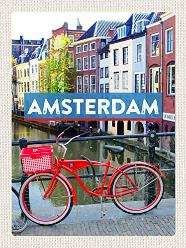 DekoDrom® Holz Schild 20x30 cm Amsterdam Reiseziel Fahrrad Wand Deko Bar Kneipe Cafe Sammler Geschenk