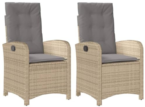 vidaXL Gartensessel mit Kissen 2 STK., Gartenstuhl mit Verstellbarer Rückenlehne, Liegestuhl mit Stahlrahmen, Sessel Stuhl Relaxsessel, Beigemischung Poly Rattan