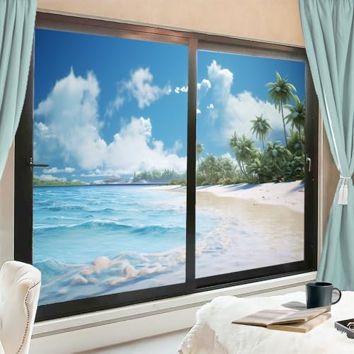 AEMYSKA Moderne Insel Ozean Fensterfolie Abdeckungen Natürliche Palme Strand Fenster Sichtschutzfolie Nicht klebende Glasfolie Dekorative Statische Frischhaltefolie für Zuhause Badezimmer 80 x 120 cm