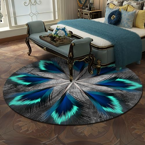 Taidianolp Teppich Rund Wohnzimmer Deko,Turquoise,160 cm,Schwarz-Grau-Türkis-Blau-Grün-Feder-Muster Modern,Waschbar Kurzflor Teppiche Schlafzimmer jugendzimmer mädchen Jungen