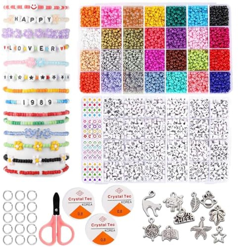 BeadzBoxx 6440 Pcs Glass Seed Beads, Necklace and Bracelet Making kit for Girl, Craft Kit for DIY, 28 Colors 4mm Seed Beads for Jewelry Making with Letter, Christmas Birthday Easter Thanksgiving Gift