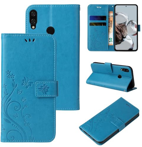 LBH Handy Hülle für Huawei P20 Lite Case Handytasche Schmetterling Blumen Flower Standfunktion Schutzhülle Magnet Rundum Schutz 360 Grad Flipcase Cover Blau