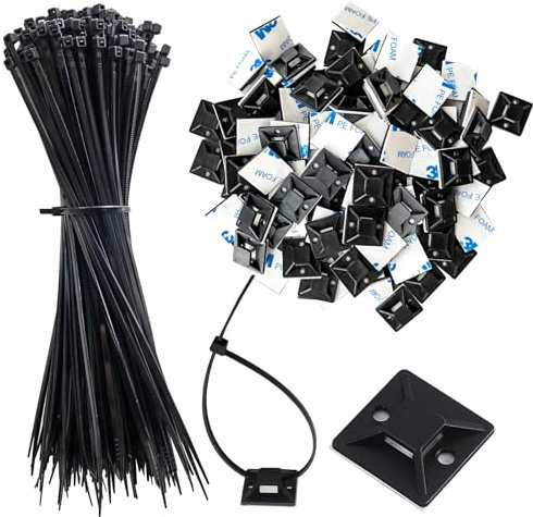 340 Pcs Sticky Cable Tie Pads Set | 170 Pcs Zip Tie Adhesive Mounts,19 x 19 mm | 170 Pcs Cable Tie,200 x 2.5 mm | Black,Cable Clip,Wire Management Clips,Wall Ties Fixing Mount,Wire Holders for Cables