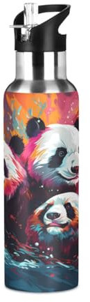 Niigeu Ours Panda De Chine Coloré Bouteille d'eau Isotherme avec Paille en Acier Inoxydable Gourde, Sans BPA Gourdes Eau pour Enfant Sport Randonnée École Bureau (600ml/1L)