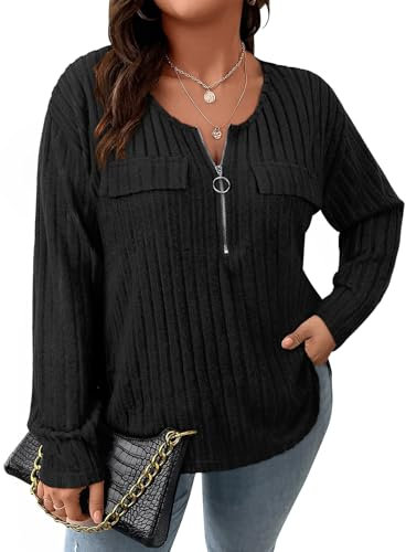 Gemulate Plus Size Ladies V Neck Jumpers Long Sleeve Tops for Women Casual Zip Up Loose Lightweight Sweatshirts Sweater Plus Size Tops Black 5XL