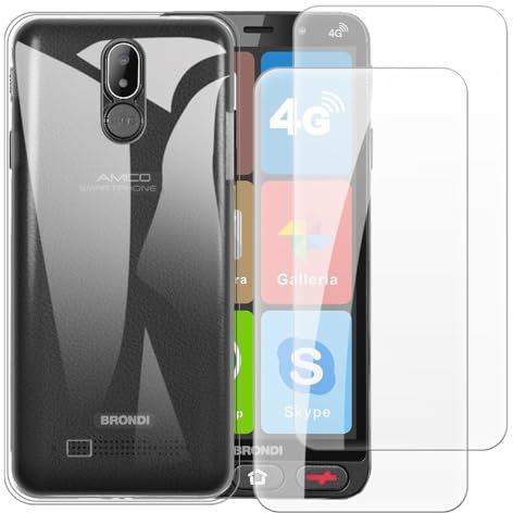 Set 2 Pellicole in Vetro Temperato + Custodia TPU Compatibile con Brondi Amico Smartphone S+B Nero, Cover Antiurto e Proteggi Schermo Incluso