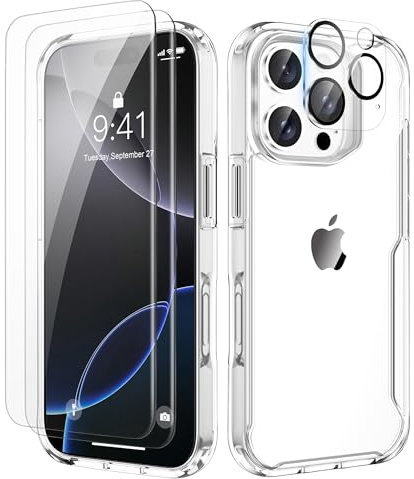 ORETECH Coque pour iPhone 16 Pro Max avec 2 Verre Trempé Protection écran et 1 Caméra Protecteur, Dos PC Rigide Souple Silicone Bumper Coque iPhone 16 Pro Max Etui iPhone 16 Pro Max 6.9(Transparent)
