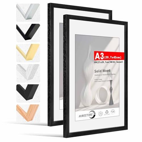 HIMEETIME® 2x cadre photo DIN A3 30x42 cm, en bois noir de massif, cadre en bois de naturel 2 pièces, photo avec présentoir passe-partout A4 (21x30 cm), Décoration Murale A3