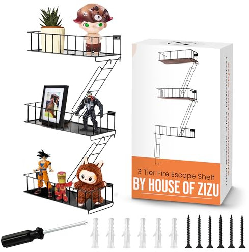 HouseofZizu Wandregal mit Actionfiguren, 3 Etagen, Feuerschutzregale mit Schrauben und Schraubendreher, Metall, dekorativ, einzigartig, rustikal, cool, schwebende Regale für Heimdekoration und