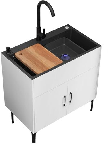 Fregadero Industrial de Acero Inoxidable Con Taquillas Dobles, Grifo Mezclador Frío, Patas Ajustables y Desagüe - Lavandería Portátil