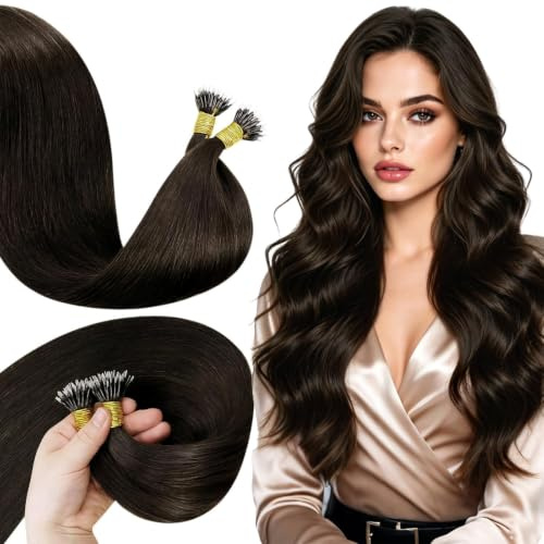 LaaVoo Nano Beads Hair Extensions Human Hair, 18 Inch 50g, Darkest Brown | Cold Fusion Nano Ring Extensions, Add Length and Thickness for Weddings or Events, Easy to Maintain