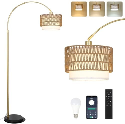 Rayofly Or Lampe à Arc Salon avec Télécommande, Moderne Lampadaire Salon Dimmable avec Abat-jour en Rotin et Ampoule LED, Contrôle App, Boho Floor Lamp, Lampadaire Arc pour Chambre à Coucher