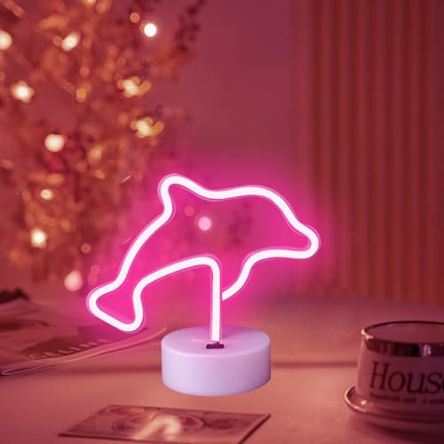 Aslanka Luce notturna a LED con delfino – USB/batteria, luce al neon per camera da letto, decorazione per bambini, decorazione del salone di anniversario (rosa)