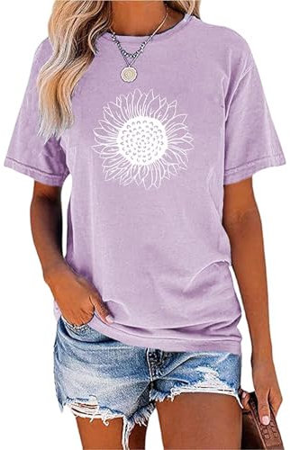 Cicy Bell Maglietta da donna a maniche corte con girasoli, vintage, con grafica, girocollo, estivo, casual, top, Lilla, M