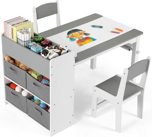 Kindertisch mit 2 Stühlen, Holz Kinder Tisch Stuhl Set,Kindersitzgruppe mit Papierrolle, Maltisch Schreibtisch mit Stauraum, 4 Aufbewahrungskiste, Kindertisch für Schule Kindertagesstätte,Grau Weiß