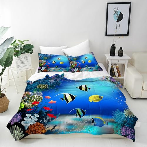 ANHOPE Tropical Fish Duvet Cover Set Soft Lightweight 3 Piece Bedding Set with 2 Pillowcases Ocean Sea Animal Coral Print Pattern Kids Quilt Cover with Zipper Closure Single